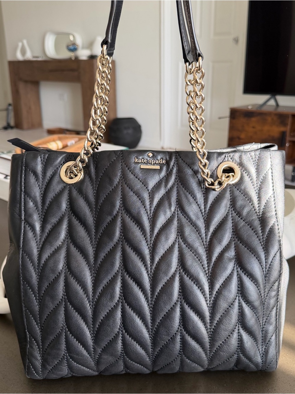 kate spade ♠️ New York Black Quilted Leather Tote with Gold Chain Handles